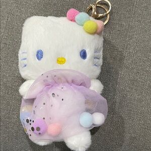 Hello Kitty with Puff balls and tulle Purple 
 Skirt Keychain/Purse Charms